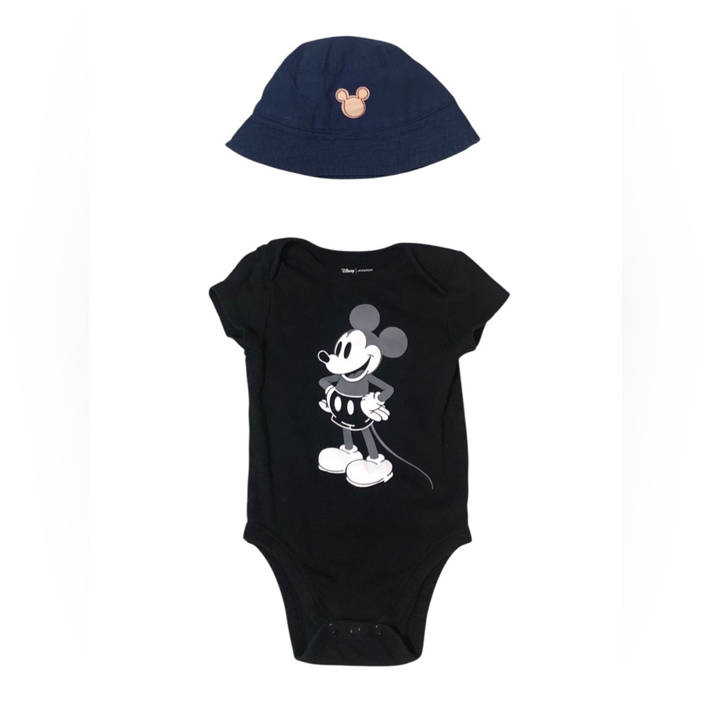 Disney Jumping Beans Mickey Mouse Black Onesie w/ reversible bucket hat 18 Mo